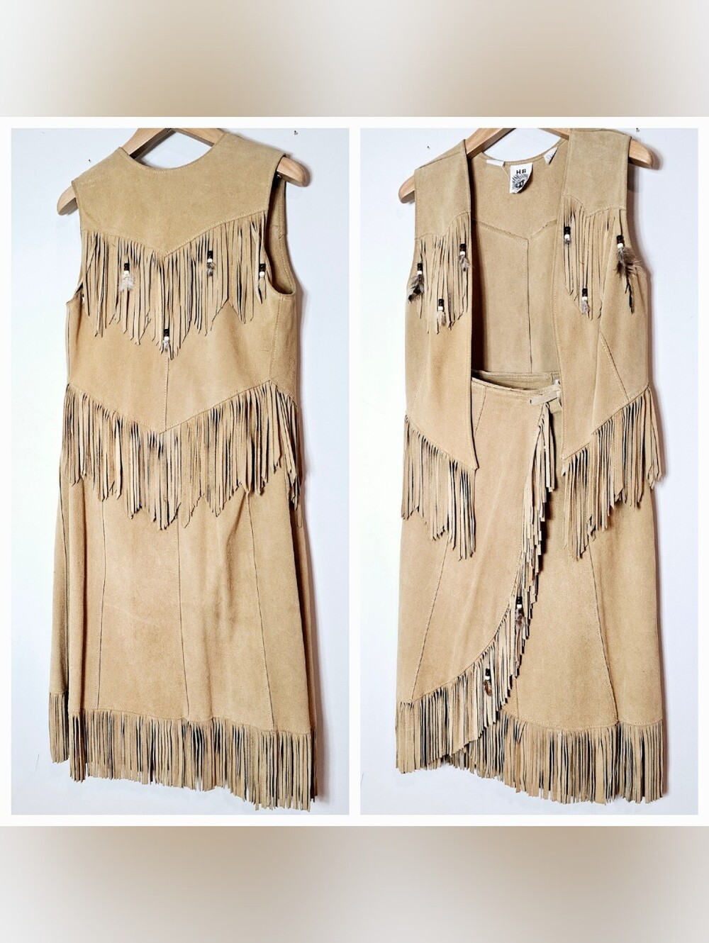1970 RARE Vintage USA Chief HB Suede Fringe 2-Pc Set Cowgirl Hippie Bead Feather